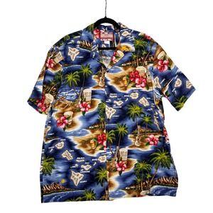 Vintage RJC Mens Hawaiian Shirt XL Blue Island Map Hibiscus Cotton Made in USA
